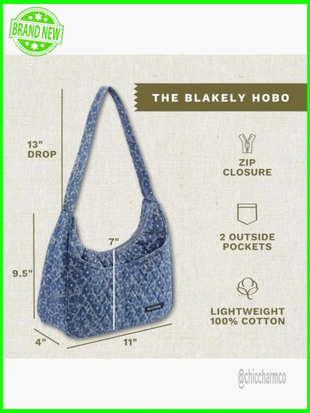 Lightweight Quilted Hobo Shoulder Bag with Pockets - Medium Size